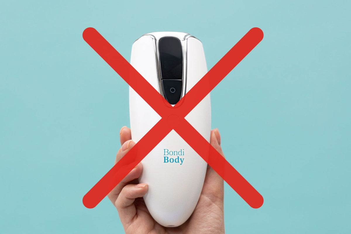 Bondi Body V2 IPL handset with a red cross over it: do not use IPL while pregnant