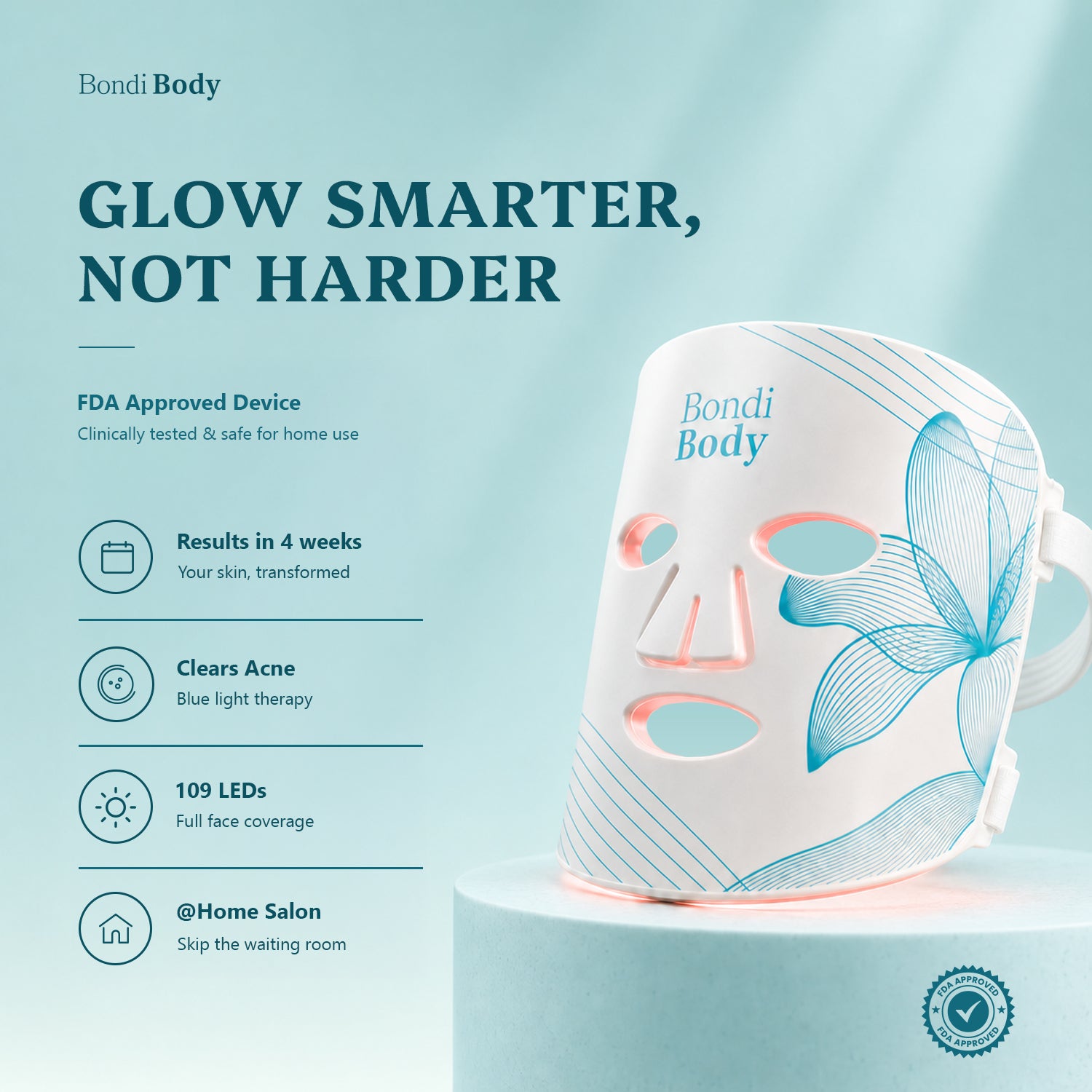 Bondi Body LED Face Mask — FDA Approved, 109 LEDs, 4 light therapy settings for acne, anti-ageing and skin rejuvenation at home