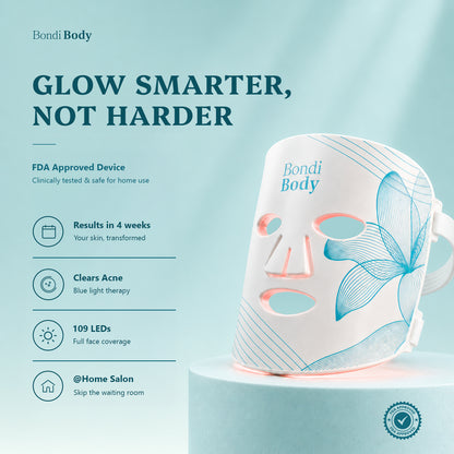 Bondi Body LED Face Mask — FDA Approved, 109 LEDs, 4 light therapy settings for acne, anti-ageing and skin rejuvenation at home