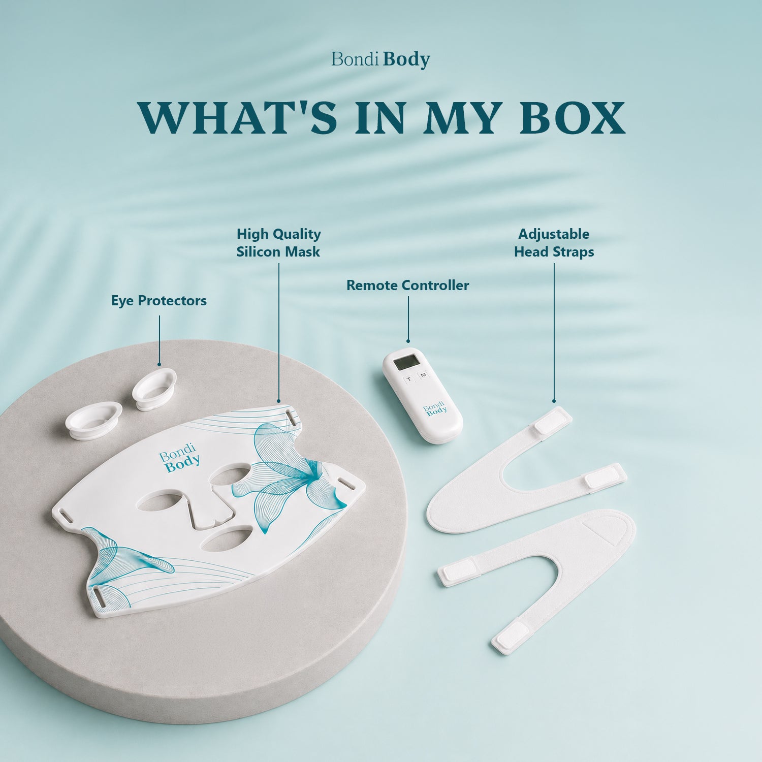 Bondi Body LED Face Mask box contents — high quality silicone mask, remote controller, adjustable head straps and eye protectors included